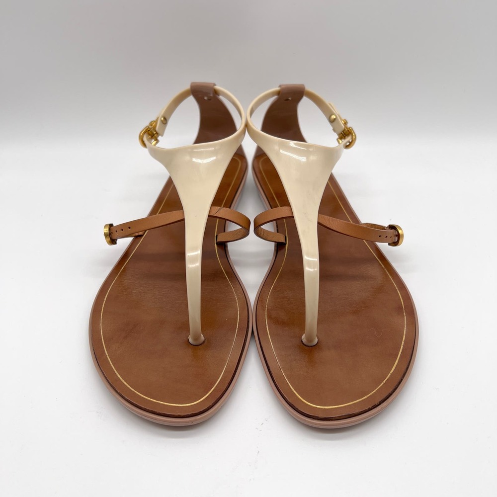 SERGIO ROSSI Shoes Womens 38 Cream Brown T-strap Jelly Sandal Thong Flip Flop - Picture 2 of 12